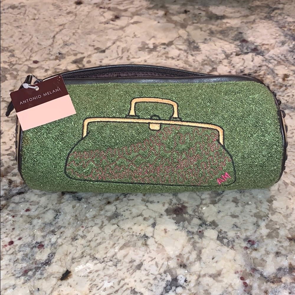 Green Antonio Melani cylinder makeup bag or clutch
